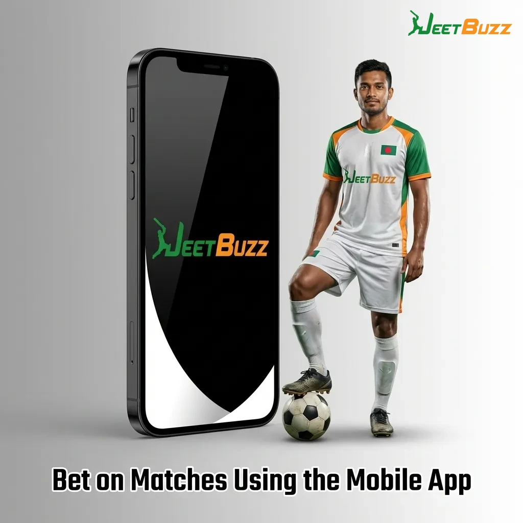 Mobile betting app interface showing football match odds, stake entry field, and bet confirmation button — Jeetbuzz in Bangladesh