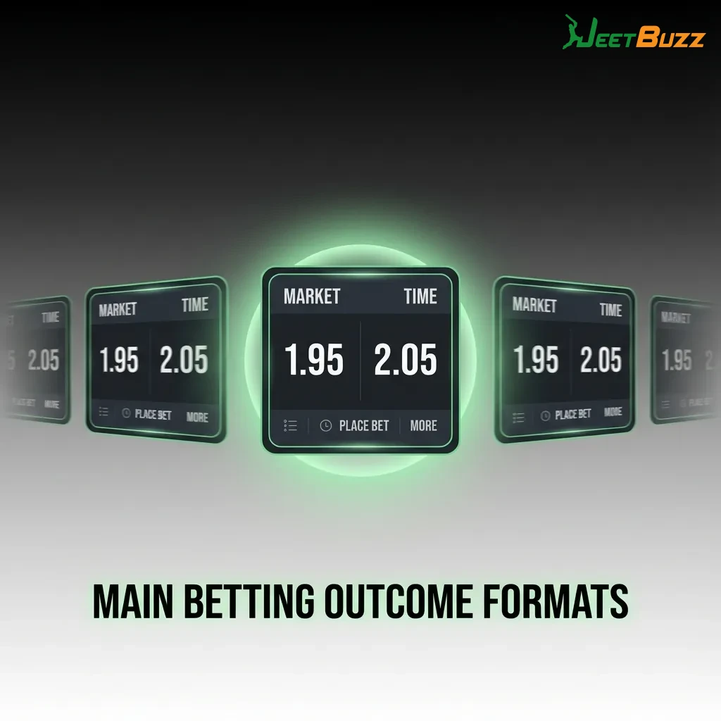 Infographic showing five main betting outcome formats: Match Winner, Over/Under, Handicap, Correct Score, First Goal Scorer — Jeetbuzz in Bangladesh