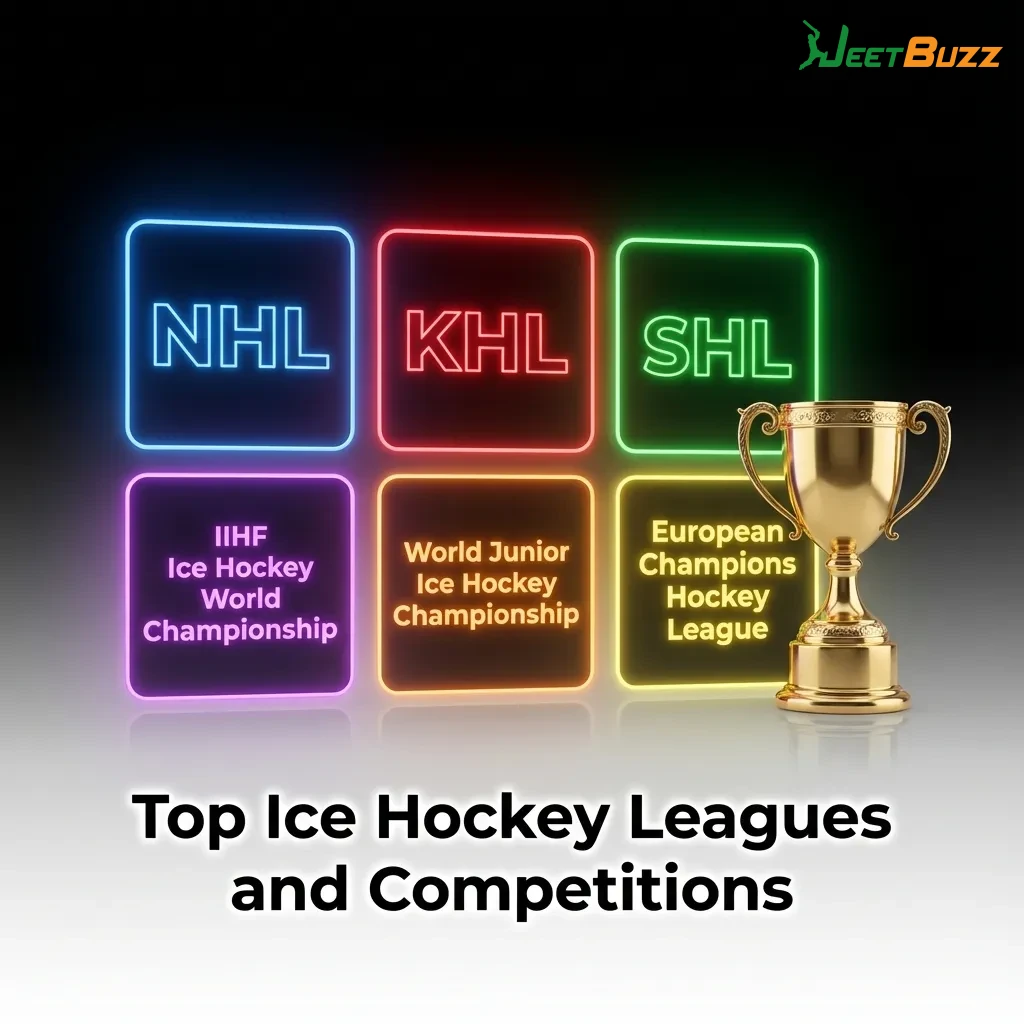 Ice hockey players competing on rink with betting markets for NHL, KHL, SHL, and international tournaments displayed — Jeetbuzz in Bangladesh